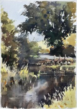 British Impressionist Watercolor of a Tranquil Riverside Landscape with Trees