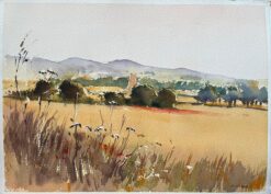 British Impressionist Watercolor of Summer Fields with Wildflowers and Church