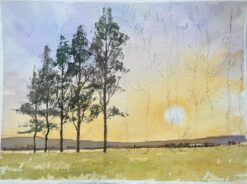 British Impressionist Watercolor of a Sunset over Open Fields