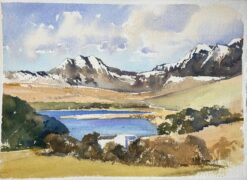 British Impressionist Watercolor of a Snowcapped Mountains and a Lake