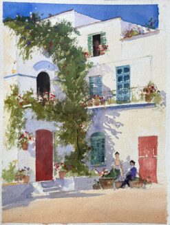 British Impressionist Watercolor of Figures in Sunlit Mediterranean Courtyard