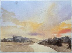 British Impressionist Watercolor of a Sunset Landscape with Distant Mountains