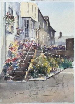 British Impressionist Watercolor of a Floral Staircase and Cottages