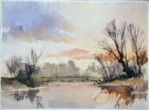 British Impressionist Watercolor of a Sunset Reflections on a Tranquil River