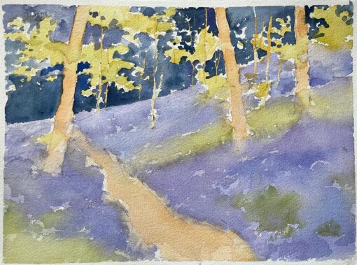 British Impressionist Watercolor of a Bluebell Woods Pathway in Spring Light