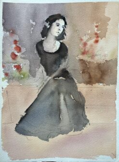 British Impressionist Watercolor of a Portrait of a Woman in a Black Dress