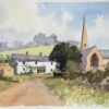 British Impressionist Watercolor of a Countryside Church and Farmhouse Scene