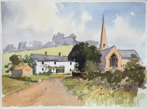 British Impressionist Watercolor of a Countryside Church and Farmhouse Scene