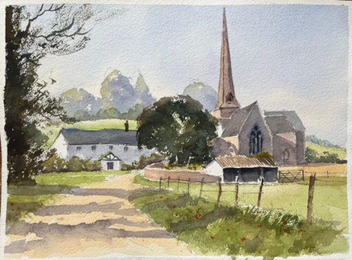 British Impressionist Watercolor of Idyllic English Countryside with Church