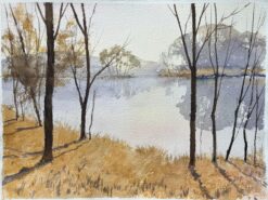 British Impressionist Watercolor of Sunlit Trees by a Tranquil Lake