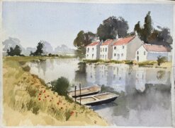 British Impressionist Watercolor of Riverside Cottages with Boats