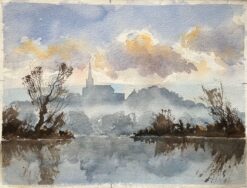 British Impressionist Watercolor of a Misty River with Church Spire