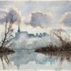 British Impressionist Watercolor of a Misty River and Spire Silhouette