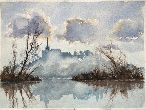 British Impressionist Watercolor of a Misty River and Spire Silhouette