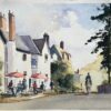 British Impressionist Watercolor of a Village Street with Outdoor Café and Horse