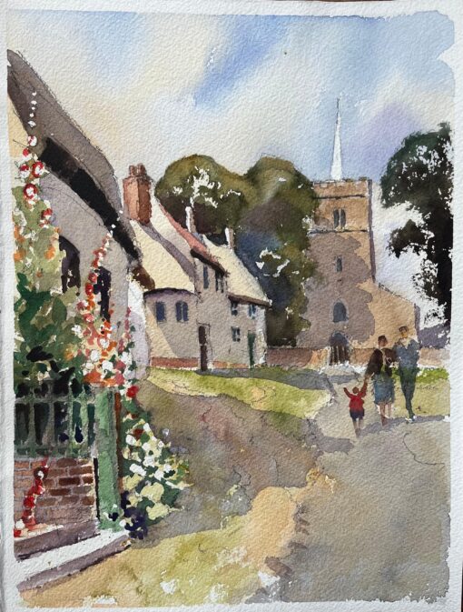 British Impressionist Watercolor of Figures Walking up Village Pathway to Church