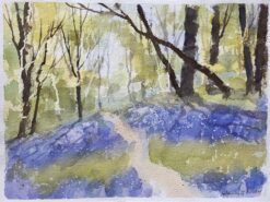 British Impressionist Watercolor of a Woodland Path with Spring Bluebells