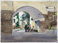 British Impressionist Watercolor of an Arched Courtyard Entrance with Figures