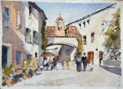 British Impressionist Watercolor of a Village Square with Figures and Bell Tower