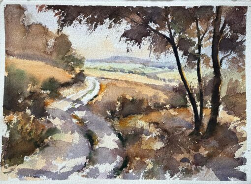 British Impressionist Watercolor of a Tranquil Country Lane with Rolling Hills