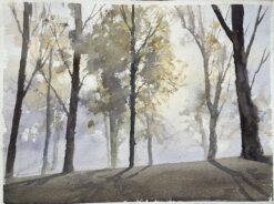 British Impressionist Watercolor of a Misty Woodland Scene with Shadows