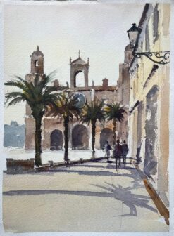 British Impressionist Watercolor of a Mediterranean Plaza with Figures