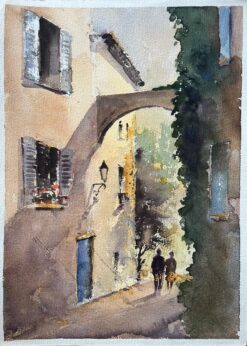 British Impressionist Watercolor of a Sunlit Alley with Archway and Figures