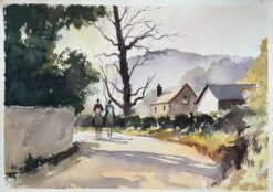 British Impressionist Watercolor of a Countryside Lane with Riders and Cottages