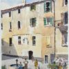 British Watercolor of a Sunlit Mediterranean Courtyard with Figures and Fountain