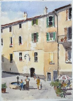 British Watercolor of a Sunlit Mediterranean Courtyard with Figures and Fountain