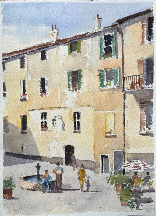 British Watercolor of a Sunlit Mediterranean Courtyard with Figures and Fountain