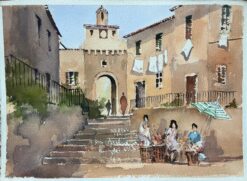 British Watercolor of a Market Scene with Arched Gate and Flower Sellers