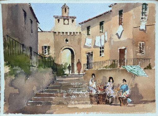 British Watercolor of a Market Scene with Arched Gate and Flower Sellers