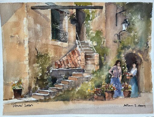 British Watercolor of a Rustic Mediterranean Courtyard with Flower Sellers