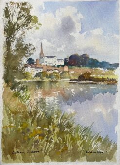 British Watercolor of Ross-on-Wye Riverside Scene with Spire and Reflections