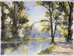 British Watercolor of a Tranquil Riverside Path with Trees and Reflections
