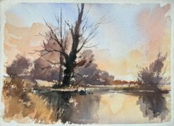British Impressionist Watercolor of Swans at Dusk by a Riverside Tree