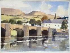 British Impressionist Watercolor of a Stone Bridge with Hills and a Church