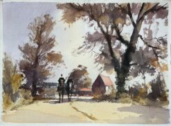 British Impressionist Watercolor of Horse Riders on a Country Lane