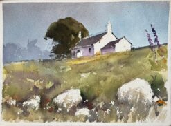 British Impressionist Watercolor of a Hilltop House and Outhouse with Wildflower