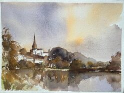 British Impressionist Watercolor of a Riverside Village and Church at Twilight