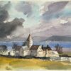 British Impressionist Watercolor of a Coastal Church with Dramatic Sky