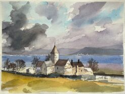 British Impressionist Watercolor of a Coastal Church with Dramatic Sky