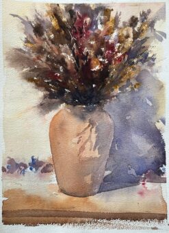British Impressionist Watercolor of a Dried Floral Arrangement in a Vase