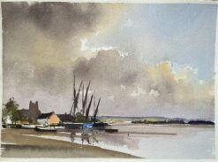 British Impressionist Watercolor of a Quiet Harbor with Sailboats and Moody Sky
