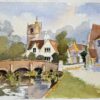 British Impressionist Watercolor of a Village Scene with Church and Bridge