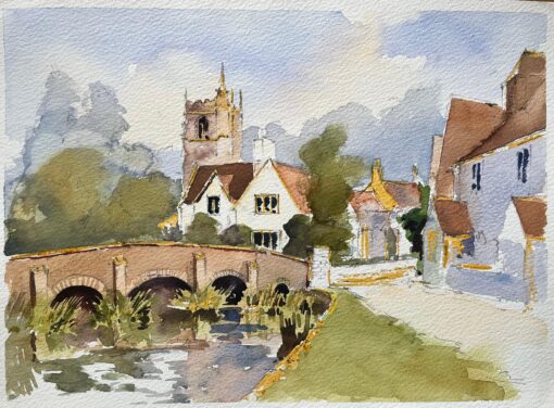 British Impressionist Watercolor of a Village Scene with Church and Bridge