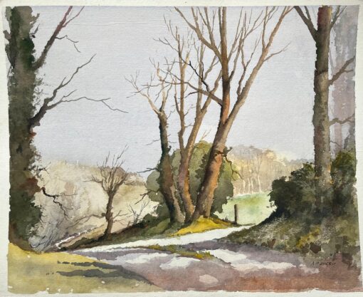 British Impressionist Watercolor of a Quiet Country Path with Bare Trees