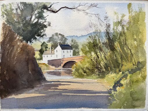 British Impressionist Watercolor of a Sunlit Country Lane Leading to a Bridge