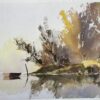 British Impressionist Watercolor of a Tranquil Riverside Scene with Boat